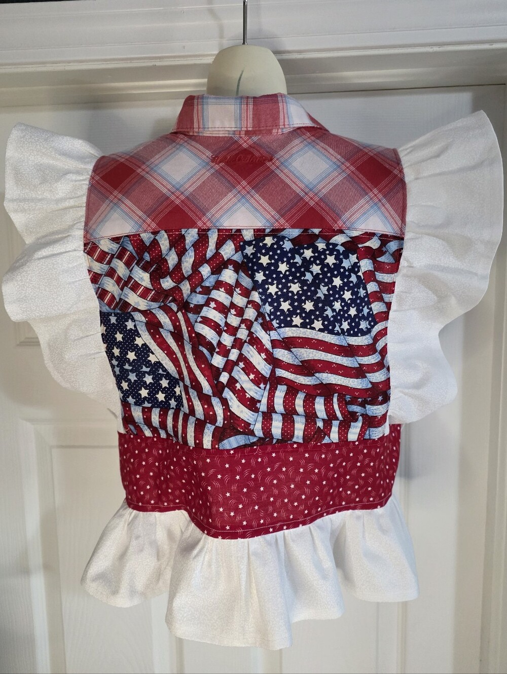 Red, White & Blue Plaid Flag Print Ruffle Top